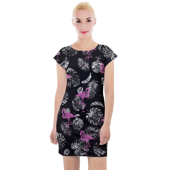 Flamingo pattern Cap Sleeve Bodycon Dress