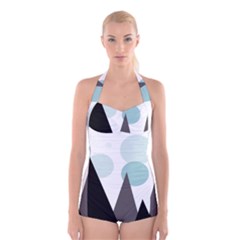 Geometric landscape Boyleg Halter Swimsuit 