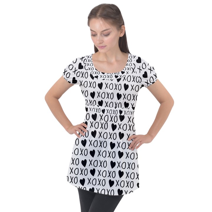 XO Valentines day pattern Puff Sleeve Tunic Top