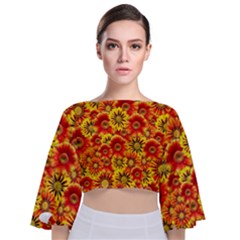 Brilliant Orange And Yellow Daisies Tie Back Butterfly Sleeve Chiffon Top by retrotoomoderndesigns