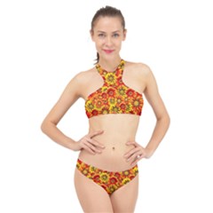 Brilliant Orange And Yellow Daisies High Neck Bikini Set by retrotoomoderndesigns