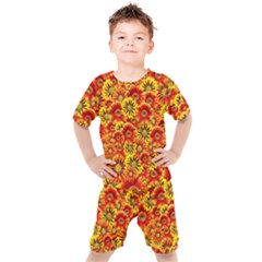 Brilliant Orange And Yellow Daisies Kids  Tee And Shorts Set by retrotoomoderndesigns