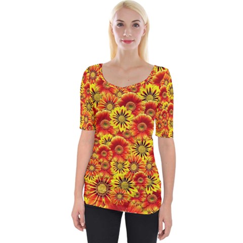 Brilliant Orange And Yellow Daisies Wide Neckline Tee by retrotoomoderndesigns