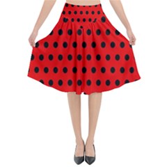 Red Black Polka Dots Flared Midi Skirt by retrotoomoderndesigns