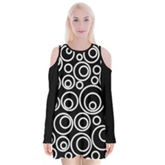 Abstract White On Black Circles Design Velvet Long Sleeve Shoulder Cutout Dress by LoolyElzayat