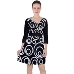 Abstract White On Black Circles Design Quarter Sleeve Ruffle Waist Dress by LoolyElzayat