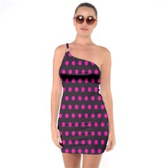 Pink Black Polka Dots One Soulder Bodycon Dress by retrotoomoderndesigns