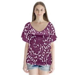 Magenta And White Abstract Print Pattern V-Neck Flutter Sleeve Top