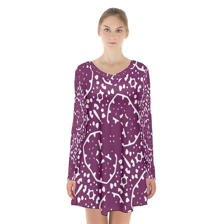 Magenta And White Abstract Print Pattern Long Sleeve Velvet V-neck Dress