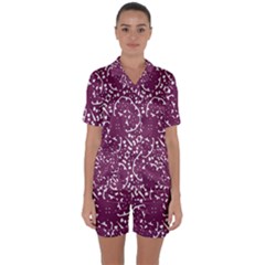 Magenta And White Abstract Print Pattern Satin Short Sleeve Pyjamas Set