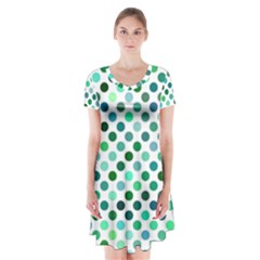 Shades Of Green Polka Dots Short Sleeve V-neck Flare Dress by retrotoomoderndesigns