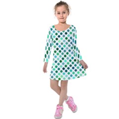 Shades Of Green Polka Dots Kids  Long Sleeve Velvet Dress by retrotoomoderndesigns