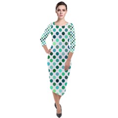 Shades Of Green Polka Dots Quarter Sleeve Midi Velour Bodycon Dress