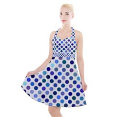 Shades Of Blue Polka Dots Halter Party Swing Dress  by retrotoomoderndesigns