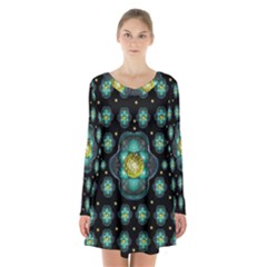 Light And Love Flowers Decorative Long Sleeve Velvet V-neck Dress