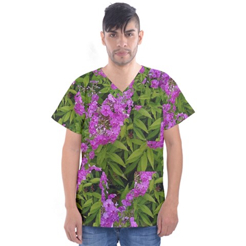 Stratford Garden Phlox Men s V-neck Scrub Top by Riverwoman