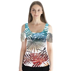 Gradient tropical leaves Butterfly Sleeve Cutout Tee 