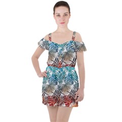 Gradient tropical leaves Ruffle Cut Out Chiffon Playsuit