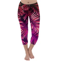 Pink tropical leaves Capri Winter Leggings 