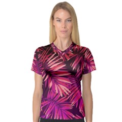 Pink tropical leaves V-Neck Sport Mesh Tee