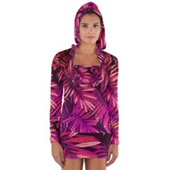 Pink tropical leaves Long Sleeve Hooded T-shirt