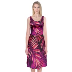 Pink tropical leaves Midi Sleeveless Dress