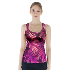 Pink tropical leaves Racer Back Sports Top