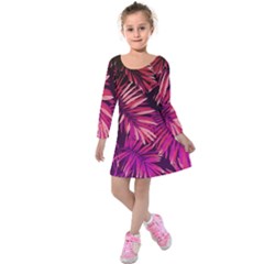 Pink tropical leaves Kids  Long Sleeve Velvet Dress