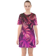 Pink tropical leaves Sixties Short Sleeve Mini Dress