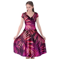 Pink tropical leaves Cap Sleeve Wrap Front Dress