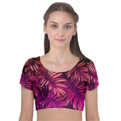 Pink tropical leaves Velvet Short Sleeve Crop Top 