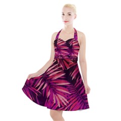 Pink tropical leaves Halter Party Swing Dress 