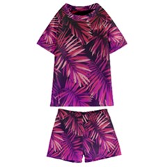 Pink tropical leaves Kids  Swim Tee and Shorts Set