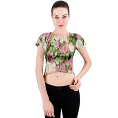 Pastel Pink Roses Crew Neck Crop Top by retrotoomoderndesigns