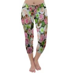 Pastel Pink Roses Capri Winter Leggings 