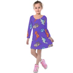 Dinosaurs - Periwinkle Kids  Long Sleeve Velvet Dress by WensdaiAmbrose