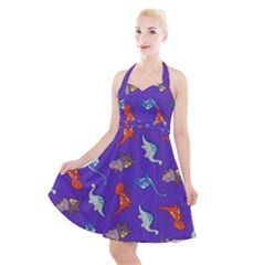 Dinosaurs - Periwinkle Halter Party Swing Dress  by WensdaiAmbrose