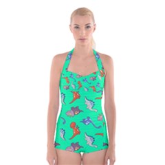 Dinosaurs - Aqua Green Boyleg Halter Swimsuit  by WensdaiAmbrose