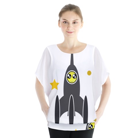 Spacecraft Star Emoticon Travel Batwing Chiffon Blouse by Wegoenart