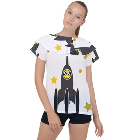 Spacecraft Star Emoticon Travel Ruffle Collar Chiffon Blouse by Wegoenart