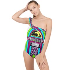 Jukebox Music Music Player Frilly One Shoulder Swimsuit