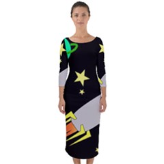 Planet Rocket Space Stars Quarter Sleeve Midi Bodycon Dress