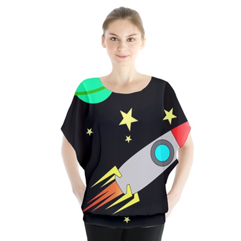 Planet Rocket Space Stars Batwing Chiffon Blouse by Wegoenart