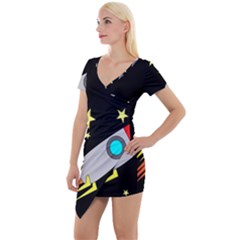 Planet Rocket Space Stars Short Sleeve Asymmetric Mini Dress