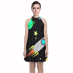 Planet Rocket Space Stars Velvet Halter Neckline Dress 