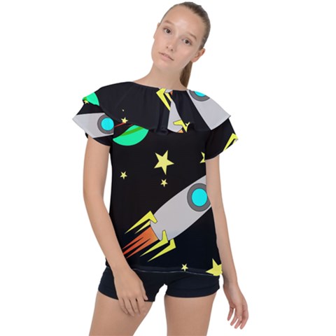 Planet Rocket Space Stars Ruffle Collar Chiffon Blouse by Wegoenart