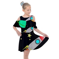 Planet Rocket Space Stars Kids  Shoulder Cutout Chiffon Dress by Wegoenart