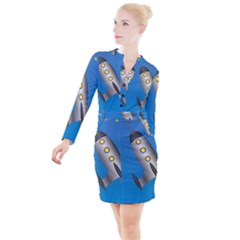 Rocket Spaceship Space Travel Nasa Button Long Sleeve Dress by Wegoenart