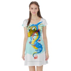 Dragon Chinese Blue Mustache China Short Sleeve Skater Dress by Wegoenart