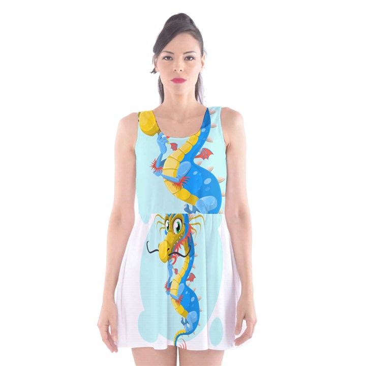 Dragon Chinese Blue Mustache China Scoop Neck Skater Dress